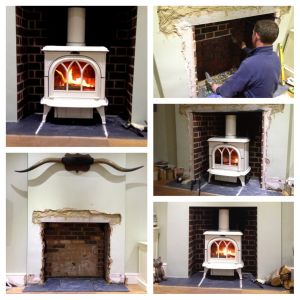 Fireplace Creation And White Cast Iron Freestanding Wood Burning Stove Installation